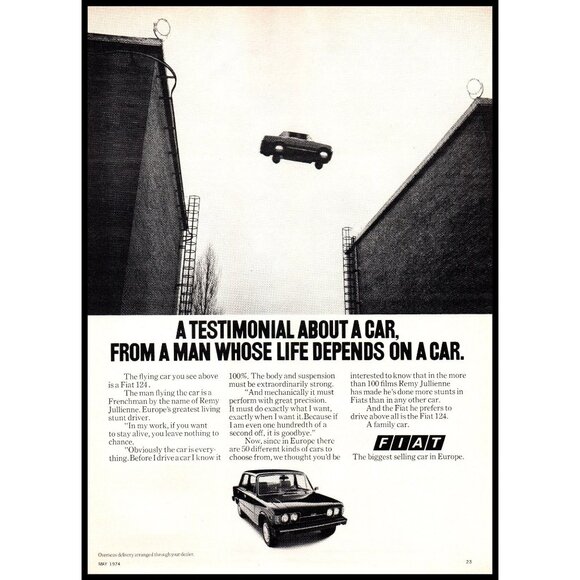 1974 Fiat 124 Sedan Vintage Print Ad Jumping Buildings Man Cave Italy Wall Art - Picture 1 of 1